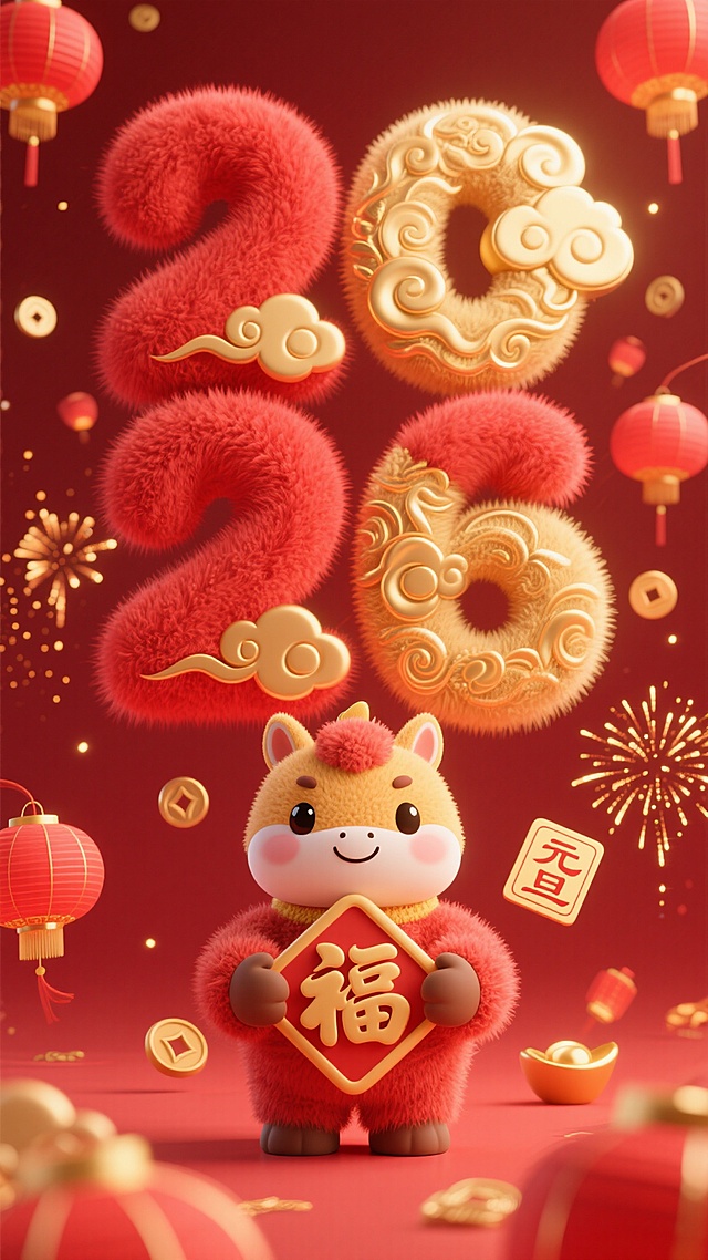 软3D风卡通牛手持“福”字，毛发生长质感搭配浮雕云纹数字“2026”，国潮红金配色，喜庆祥和，元宵节氛围浓郁。