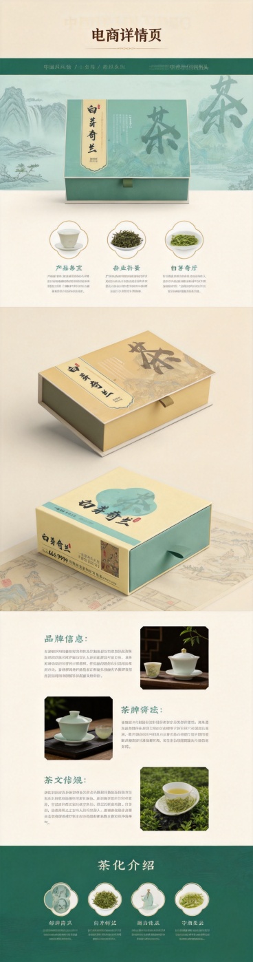为白芽奇兰茶叶生成中国风电商详情页，延续现有设计的青绿色和米黄色配色，保留“白芽奇兰”书法字体和山水国画元素，整体典雅古风，包含产品卖点、品牌信息和茶文化介绍板块，排版简洁大气，适合电商展示预览效果
