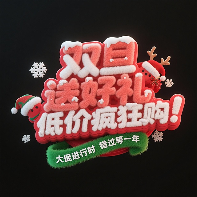 内容为冬日圣诞的创意立体字体标题“双旦送好礼 低价疯狂购”，笔划粗壮圆润且立体卡通字体，可爱的曲线细节，红白渐变，毛绒的质感，字体有一些雪花元素，主体有红色的边框且结合圣诞鹿角，圣诞帽，蝴蝶结等元素，整体紧凑，呈现出温馨圣诞的氛围，丰富的光泽感，OC渲染，最佳细节，纹理清晰，完美细节，3D立体，正视图，黑色干净背景，毛茸茸的质感，下方有一个绿色毛茸茸的飘带，上面写着“大促进行时  错过等一年”