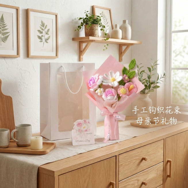 调整产品构图，让手工钩织花束和餐边柜场景更加融合自然，调整比例为1:1，在画面合适位置添加卖点文字"手工钩织花束 母亲节礼物"，保持产品清晰，光影协调自然预览效果