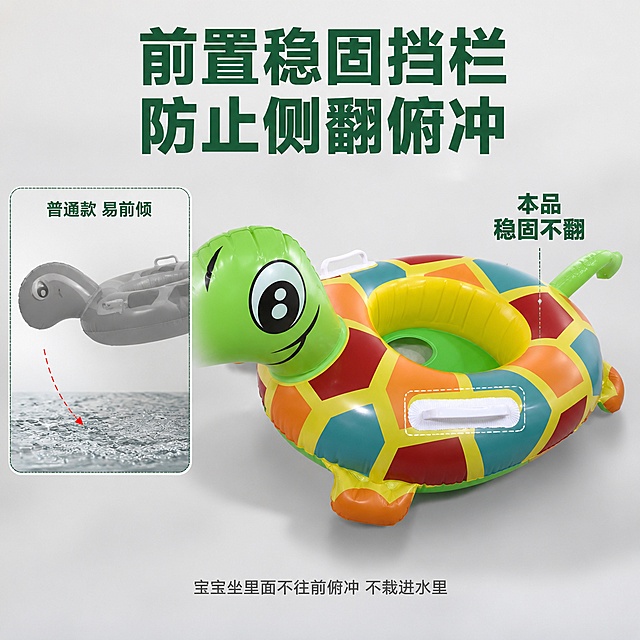 [主图-2] 前置稳固防侧翻结构展示主图。
[氛围风格] 清晰通透功能展示风，真实可信；
[画质] 商业摄影质感，光线柔和通透，产品清晰真实，画面干净高级。
[元素] 基于输入图片生成，保持原小乌龟坐圈造型颜色不变，放大展示前置稳固挡栏和扶手结构，左侧小画中画框标注普通坐圈容易侧翻俯冲的示意图，右侧为产品稳固结构实拍。保持小乌龟坐圈外观与输入产品图绝对一致，杜绝任何变形和色差，精细化处理。商品主体占比60%左右，画中画带清晰名称标注。
[光影] 均匀棚拍柔光，结构明暗清晰，轮廓线条干净，材质反光自然。
[配色] 浅灰白色背景，主产品保留原有拼色，文字用深绿对比清晰。
[视角构图] 主体平视特写，画中画放置左侧，版式左右对比分明。
[文字版式] 顶部大标题写'前置稳固挡栏 防止侧翻俯冲'，大号深绿色粗体居中。画中画左侧标注'普通款 易前倾'，右侧标注'本品 稳固不翻'，底部小文字标注'宝宝坐里面不往前俯冲 不栽进水里'，浅灰色小字，不抢主体。
[输出要求] 1:1比例，文字清晰可辨，超高清商业摄影质感，宽度2048，高度2048。
[负向提示词] 变形，文字错乱，产品模糊，背景杂乱，水印，电商平台Logo，对比夸张，绝对化违禁词，改变产品原有造型和颜色