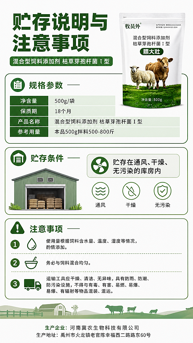 [第5张] 详情页贮存与注意事项页-膘大壮规格参数贮存说明。本张使用【图1】右侧说明文字内容作为信息来源参考，产品包装小图展示。
[氛围/风格] 专业规范说明风，简洁清晰，农牧产品严谨风格，抖音快手移动端友好。
[元素布局] 画面分为三个区域：上部规格参数区，中部贮存说明区，下部注意事项区；左侧或角落放置产品包装袋小图，占比约15%；各区用绿色分隔线或图标区分；可加入仓库、干燥通风、运输车辆等图标辅助理解。
[光影质感] 均匀明亮，文字区域对比度高，整体干净整洁，便于阅读。
[配色色系] 全局底色浅灰白色 #F8F8F8；主色深绿色 #006400；辅助色浅绿色、深灰色文字；信息卡片白色底+绿色边框。
[视角构图] 三段式垂直布局，从上到下依次为规格、贮存、注意事项，阅读动线清晰流畅。
[文字版式] 顶部大标题「贮存说明与注意事项」加粗黑体深绿色；规格参数区：净含量500g/袋、保质期18个月、混合型饲料添加剂 枯草芽孢杆菌Ⅰ型；贮存条件区：「贮存在通风、干燥、无污染的库房内」配仓库图标；注意事项区：1.使用量根据饲料含水量、温度湿度酌情添加 2.务必与饲料混合均匀 3.运输工具应干燥清洁无异味，有防雨防潮防污染设施，不得与有毒有害易燃易爆物品混装；底部标注生产企业相关信息（河南冀农生物科技有限公司）；所有文字字号适中，移动端清晰可读；产品小图放在右上角。
[比例分辨率] 9:16 竖版比例，4K 分辨率，文字清晰可辨，高清画质。
[负向提示词] 文字过小，排版拥挤，产品变形，水印，二维码，文字错乱，信息错误。