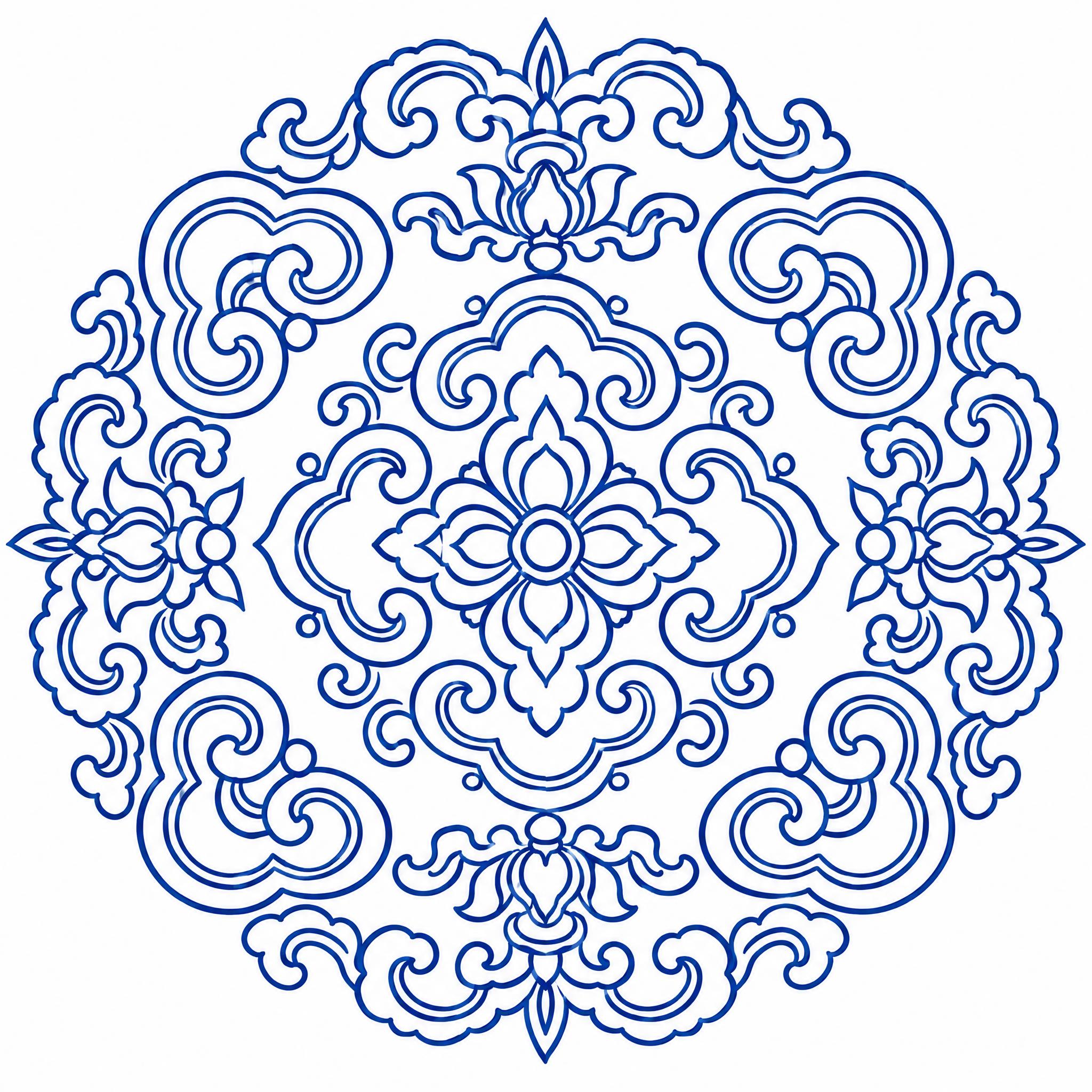 参考图中的中国传统青花瓷风格，蓝色单线描边，白色背景，重新设计… - 图片创意预览