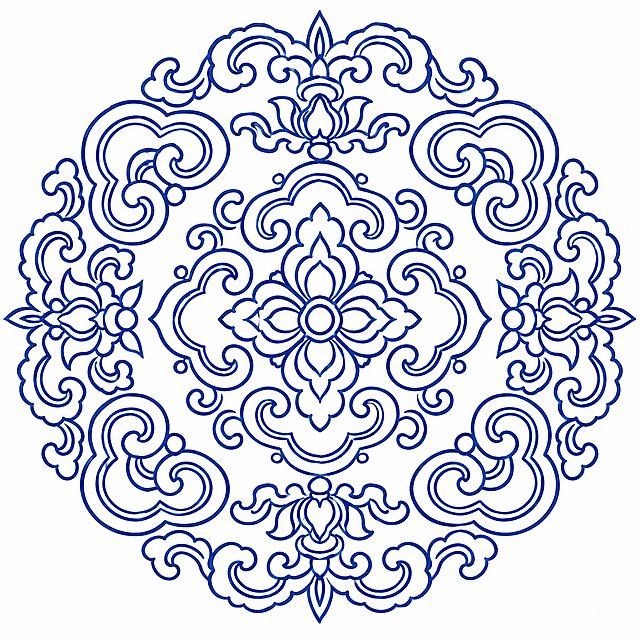 参考图中的中国传统青花瓷风格，蓝色单线描边，白色背景，重新设计一个圆形对称的传统吉祥纹样团花图案，保持青花白描的手绘线条质感，纹样包含如意云纹、宝相花元素，整体构图均衡对称，线条流畅优雅，纯线条装饰图案，无填充色