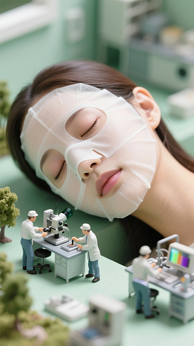 女性闭眼休憩，白色面膜如第二层肌肤般贴合全脸，几位迷你工程师操作光谱仪在面部工作台作业。整体淡绿色为主色调，明亮精致。