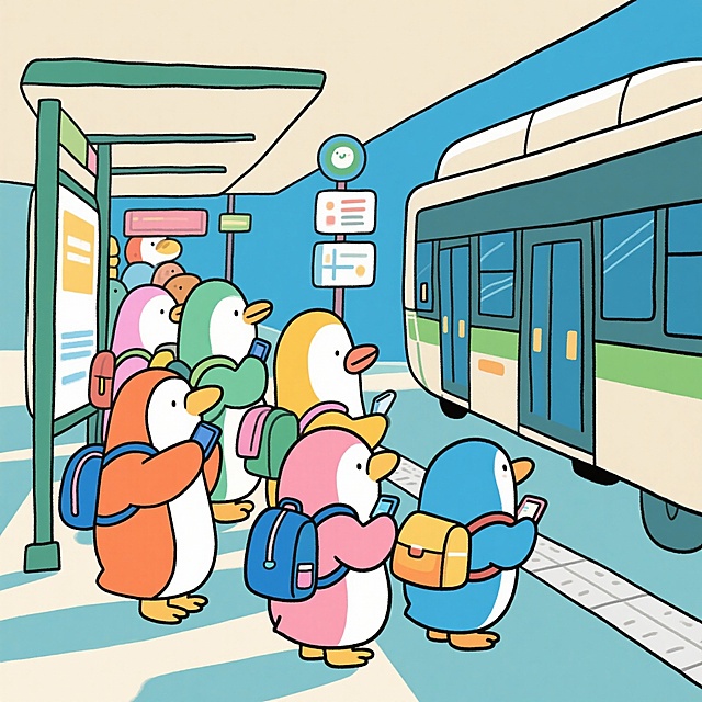 彩色企鹅们在公交车站排队等车，它们背着小书包，像是要去上班或上学。每只企鹅都有独特的颜色：橙色、绿色、蓝色、粉色等，它们有的在看手机，有的在聊天，还有的在看站牌。公交车正缓缓驶来，整个场景充满了都市生活的温馨感。