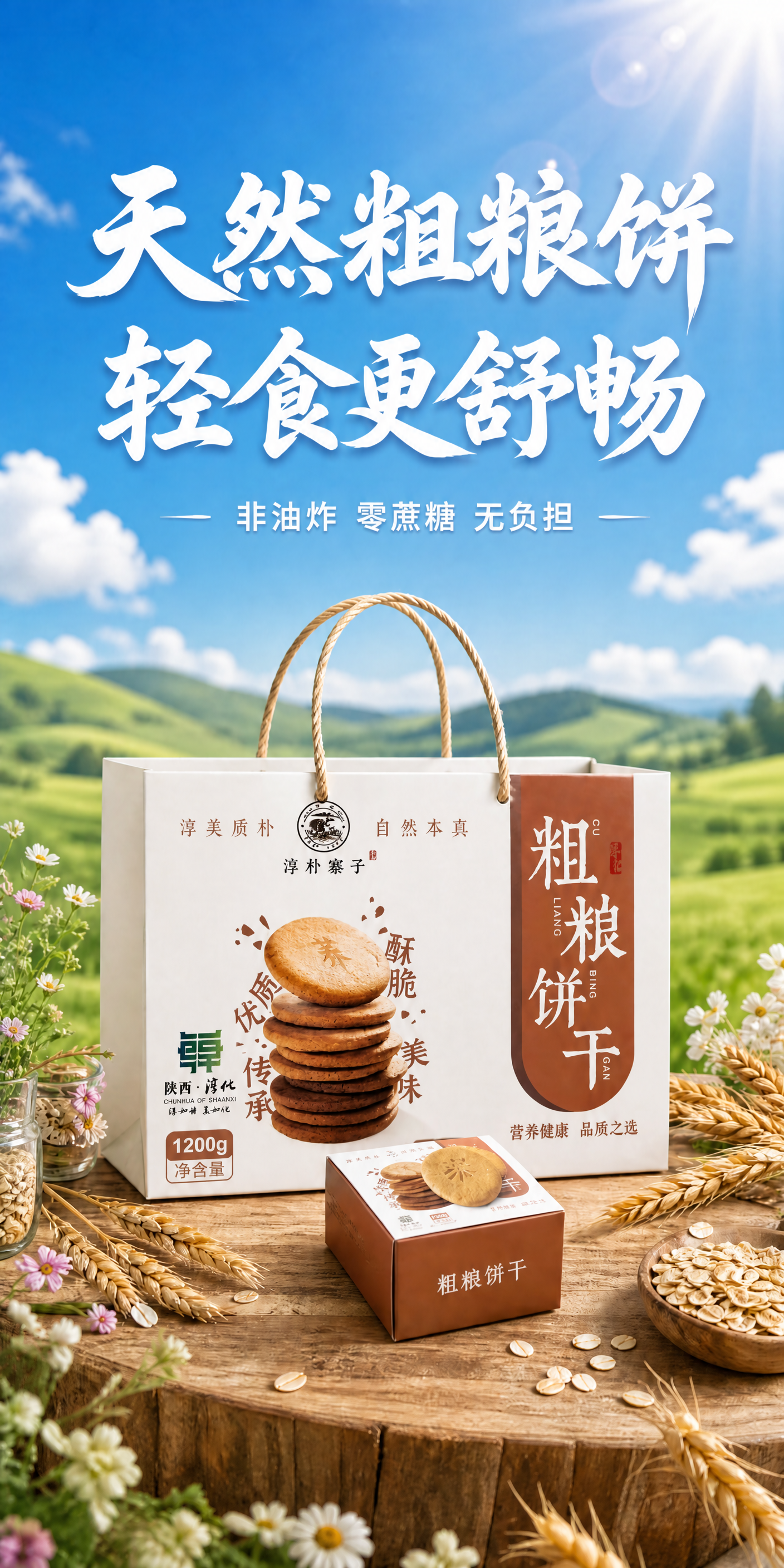 保持这张粗粮饼干海报的所有元素完全不变：背景、蓝天绿地山丘、标… - 图片创意预览