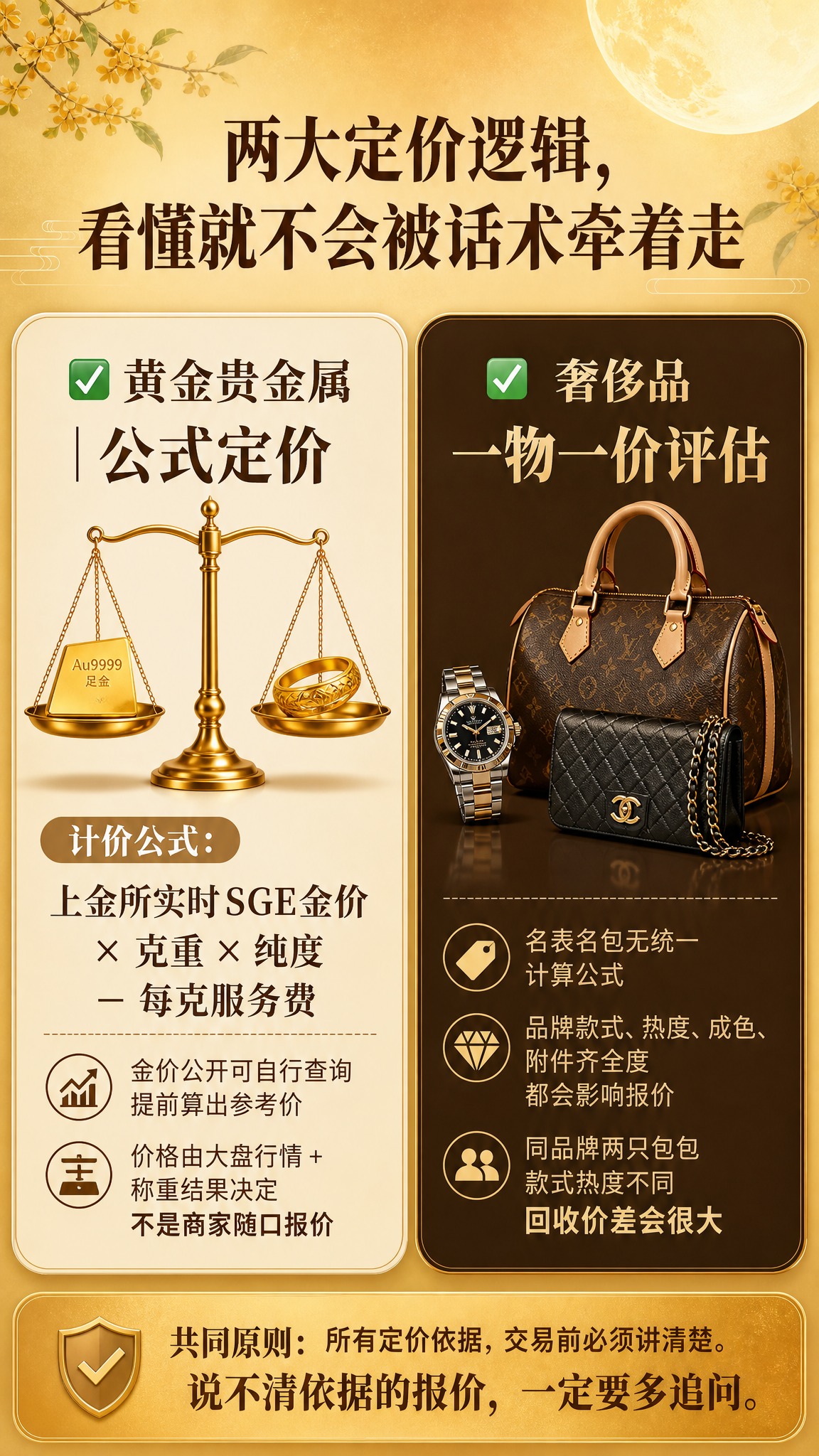 抖音图文第3页，定价底层逻辑对比页。暖金色背景，角落有圆月纹样… - 图片创意预览