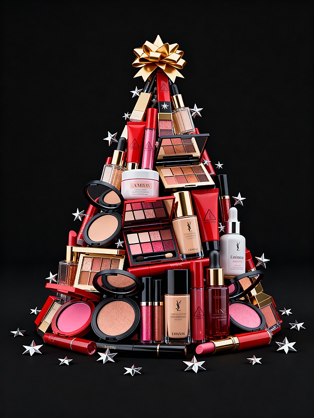 以美妆产品堆叠成圣诞树，用红金主色调呼应圣诞氛围，结合美妆好物与节日形态，既贴合美妆爱好者喜好，又打造出精致亮眼的创意装饰