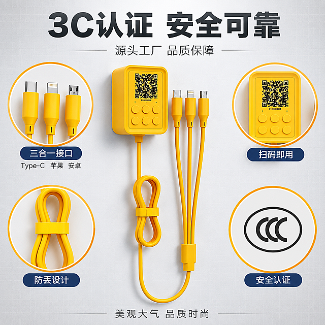 [主图-3] 共享充电线产品结构与安全认证图 3C认证细节
[氛围风格] 专业可信 品质保障感 信息清晰
[画质] 商业摄影质感 产品细节清晰 结构分明 画面干净
[元素] 黄色共享充电线产品位于画面中央 正面展示 周围分布4个细节放大圆窗 分别展示 左上 三头接口特写（Type-C 苹果 安卓） 右上 按键与二维码屏幕特写 左下 线材收纳与防丢失设计 右下 3C认证标识示意 背景为浅灰色渐变 有细微网格纹理 保持产品外观（物理结构 材质质感 颜色 三头接口 按键 二维码屏幕 线材）与输入产品图一致 杜绝变形色差 商品主体占比约50%
[光影] 顶部柔光 产品各角度细节清晰 阴影柔和自然
[配色] 主色调浅灰 辅助色橙黄 强调色深蓝 文字深灰与白色
[视角构图] 产品居中 四周放射状细节窗 对称构图
[文字版式] 顶部标题居中 大号粗体深灰字 "3C认证 安全可靠" 下方小字"源头工厂 品质保障" 四个细节圆窗下方各有标注 左上"三合一接口" 右上"扫码即用" 左下"防丢设计" 右下"安全认证" 底部一行小字"美观大气 品质时尚" 全部文字清晰 不遮挡产品主体
[输出要求] 1:1比例 文字清晰锐利 超高清商业摄影质感
[负向提示词] 变形 文字错乱 产品模糊 背景杂乱 水印 电商平台Logo