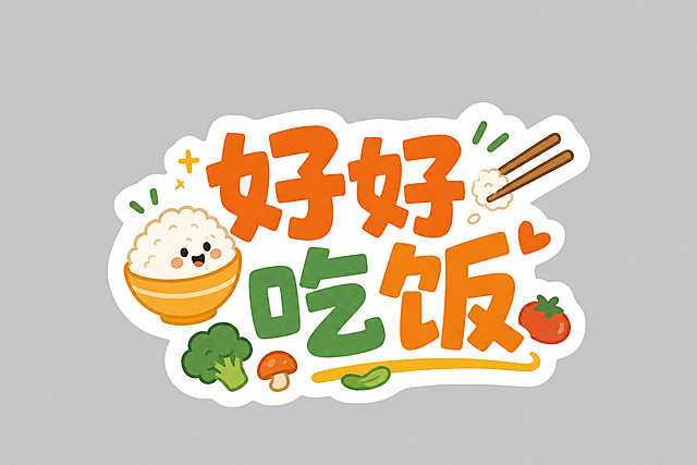 参考图中的手举牌贴纸风格，重新生成一张内容为“好好吃饭”的异形手举牌设计。采用活泼可爱的卡通手绘风格，橙绿暖色调配色，字体圆润醒目，搭配米饭、筷子、蔬菜等美食小插画元素，白色外描边异形轮廓，KT板手举牌样式，灰色背景，整体风格与参考图一致