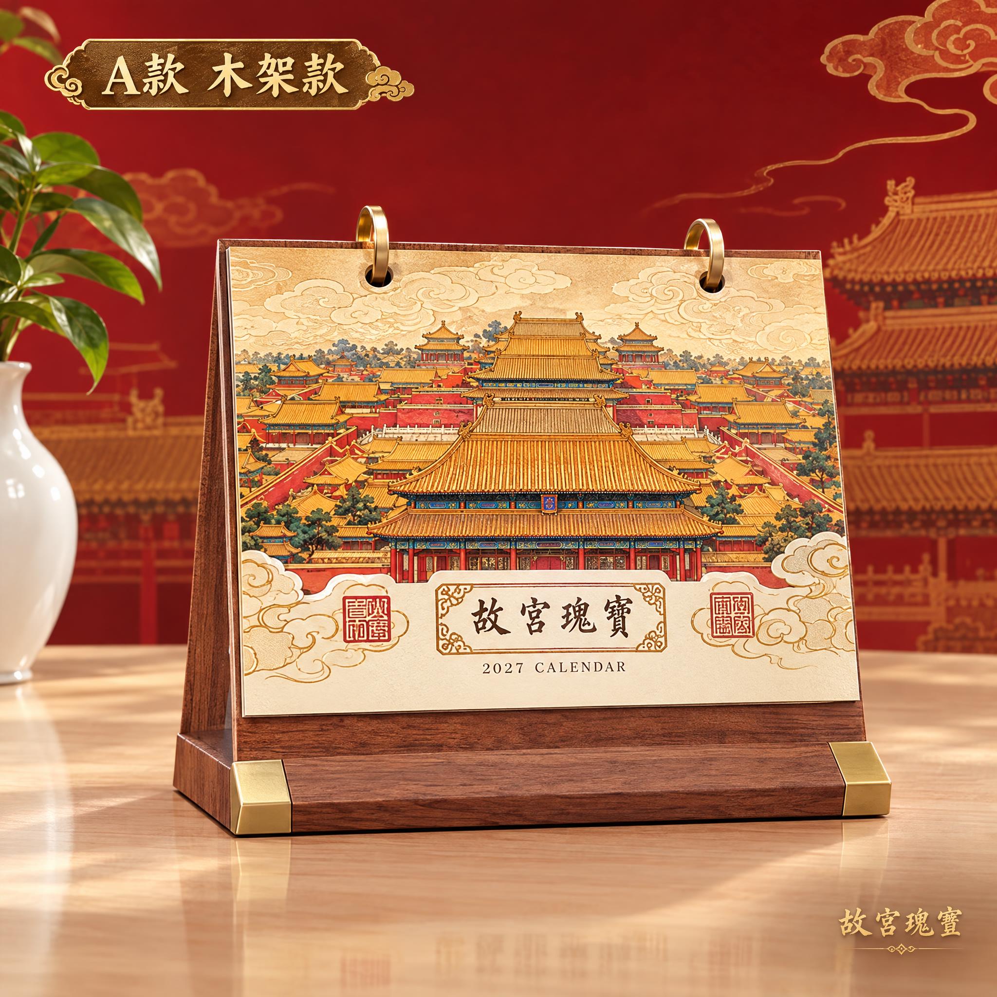 生成A款木架台历主图，故宫瑰宝款。台历画面是故宫建筑群全景国潮… - 图片创意预览