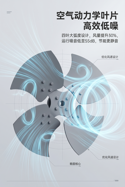 电商详情性能展示屏，严格还原上传的工业轴流风机风叶产品图所有细节，去掉无关的背景杂物或者手，产品尺寸比例保持1:1，整体统一高级工业科技风，视觉大胆新颖，性能卖点可视化。背景为浅灰渐变科技感工业背景，预览效果