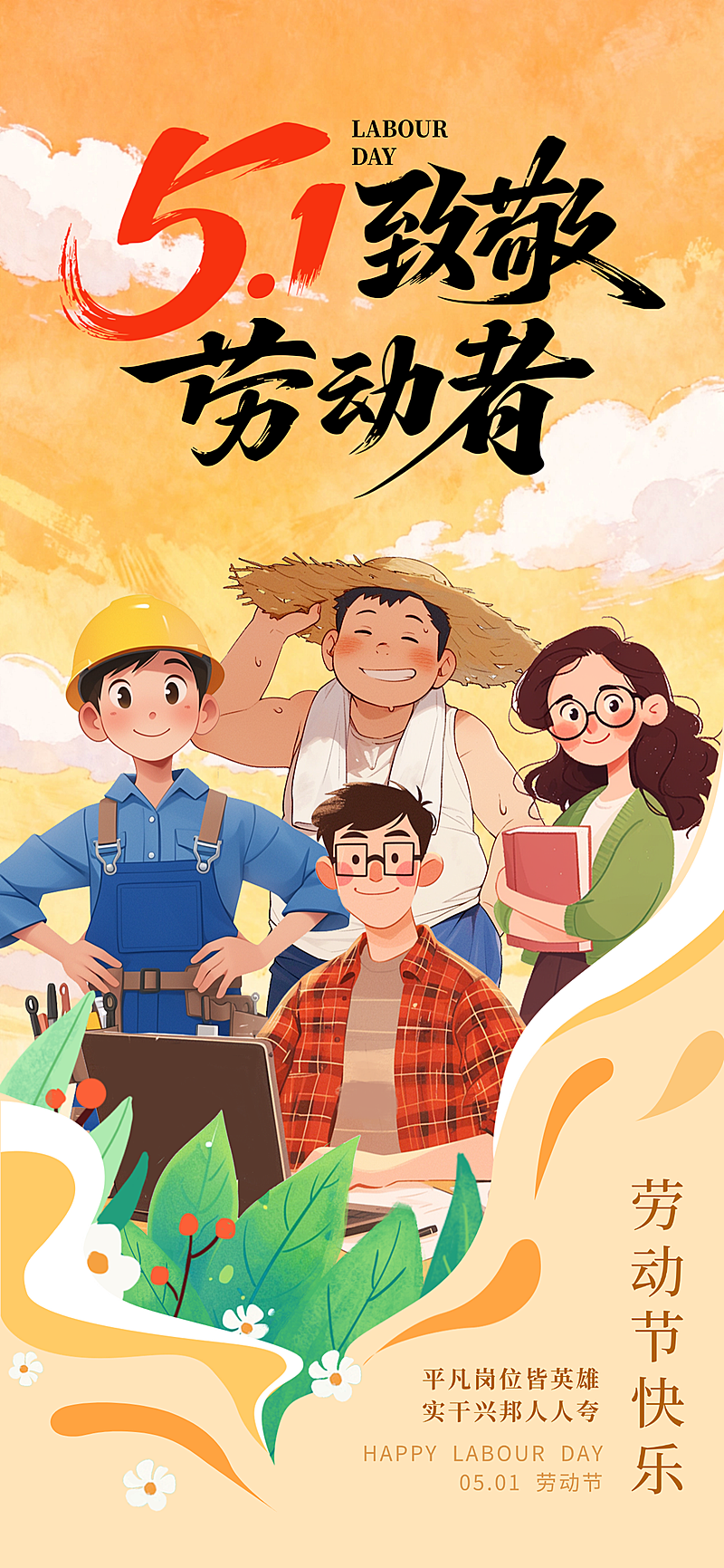 五一劳动节企业宣传海报手机朋友圈插画全屏竖版海报
