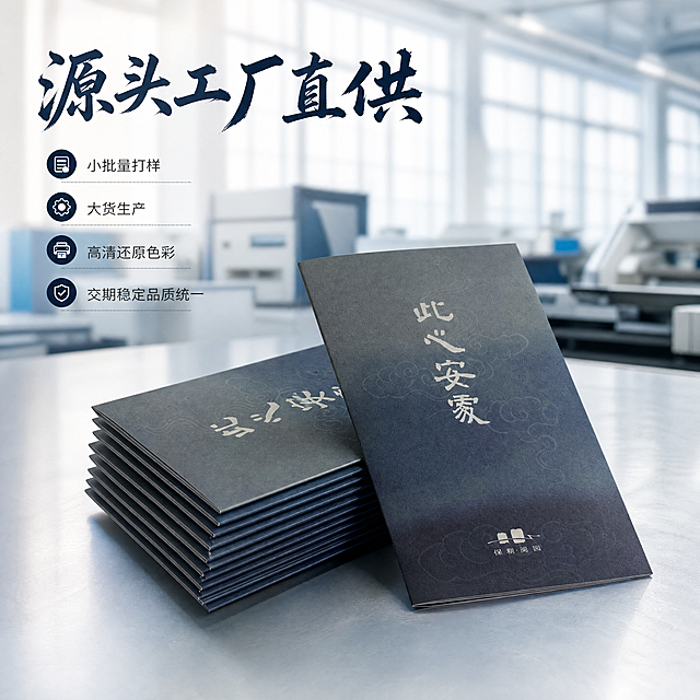 [主图-4] 工厂服务优势转化主图。
[氛围风格] B端源头工厂靠谱感，专业稳重。
[画质] 商业摄影质感，画面清晰，风格统一，干净高级。
[元素] 主图展示多张邀请函叠放实拍，保持产品原有设计风格不变，占画面约60%。背景使用简约工厂环境虚化处理，突出源头工厂氛围。
[光影] 自然柔光，整体明亮通透，真实展示产品印刷品质。
[配色] 保持蓝灰主色调，整体色彩统一协调。
[视角构图] 45度斜侧摆放，对角线动势构图，主体突出。
[文字版式] 左上大字主文案“源头工厂直供”，书法字体搭配中文，下方四个卖点短句排列：小批量打样 大货生产 高清还原色彩 交期稳定品质统一。文字排版清晰，层级分明，不遮挡产品主体。
[比例分辨率] 1:1 比例，2048px * 2048px，4K分辨率，文字清晰锐利。
[负向提示词] 变形，水印，文字错乱，产品图模糊，背景杂乱，二维码，联系方式，绝对化违禁词