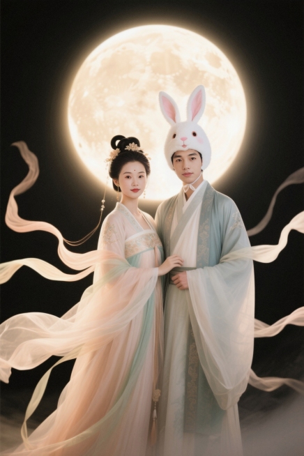 情侣照，左边嫦娥装扮，右边穿着兔子头套+男士汉服。看着镜头，身上飘带飞舞环绕，衣服仙气飘飘。背后一轮巨大的月亮散发柔和的光芒，温暖的光晕预览效果
