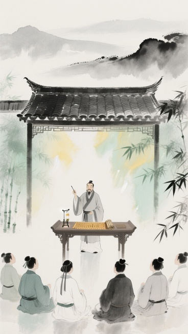 中国水墨画，教师节主题。主体为古代书院讲学：师于案后授课，古装学生恭敬围坐聆听。构图含中式飞檐，背景淡雅山水晕染、缀竹叶。色调以水墨黑白灰为主，辅浅绿、浅黄等柔色。细节有传统案几、简牍，氛围古朴典雅、预览效果