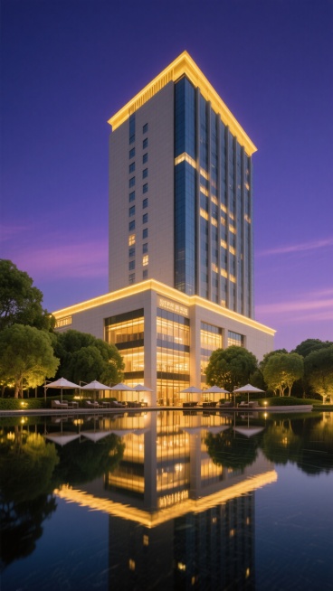 高端酒店外观夜景，现代简约建筑风格，主体为高耸的米灰色玻璃幕墙大楼，顶部及裙楼边缘有温暖的金黄色灯带勾勒轮廓，大量明亮的窗户透出内部灯光。建筑前方有平静的水池，完美倒映出建筑的灯光与轮廓，水面泛着金色涟漪。周围点缀着茂密的绿色树木，底层设有带遮阳伞的露天休息区。天空呈现深邃的蓝紫色渐变色，营造出宁静、奢华、大气的氛围，专业摄影级画质，清晰的细节和光影层次，高分辨率。预览效果