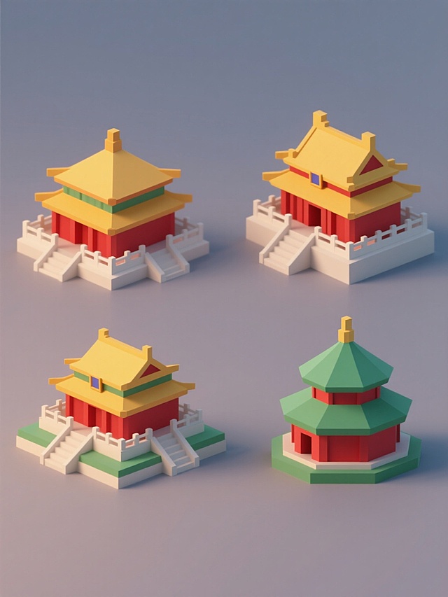一套4个规整排布的3D风格国家地标素材，每个地标均采用类似故宫的低多边形3D建模风格，具有平滑的表面和清晰的边缘轮廓，主色调为红色、黄色和绿色等传统色彩，整体呈现出简洁而富有立体感的视觉效果，每个地标元素独立排列，背景为纯色无任何纹理，无文字、无logo、无水印，整体设计具有强烈的视觉层级和信息传达效率。
