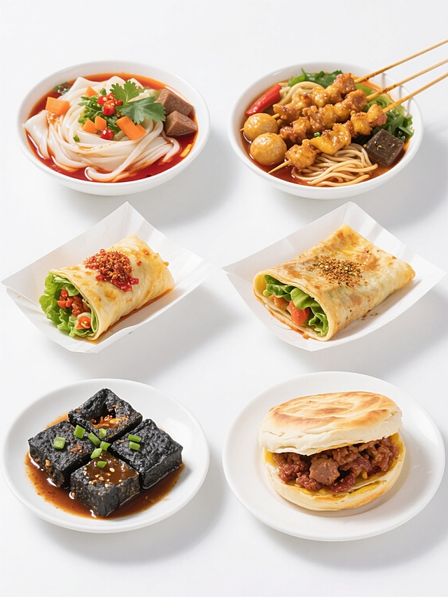 六个规整排布的街边小吃素材，保持高清晰写实风格，主色调为食物自然色彩与纯净白色背景形成鲜明对比，光影为柔和自然光从上方均匀照射，突出食物的质感与细节，每个素材均为单一白色容器盛装，无文字无logo无水印。包含凉皮（白色宽面，覆盖红色辣椒油、绿色香菜、橙色胡萝卜丁、棕色面筋块，汤汁清亮）、烤串（金黄烤肉串插在白色瓷盘，撒有孜然粉和辣椒粉）、麻辣烫（白色碗中各色蔬菜、丸子和面条浸在红褐色汤底，点缀绿色香菜）、煎饼果子（金黄色煎饼卷，露出绿色生菜和红色酱料，放在白色纸托中）、臭豆腐（黑色豆腐块整齐码在白色浅盘，淋有褐色酱汁，撒绿色葱花）、肉夹馍（白色盘子里的酥脆馍馍夹着红褐色肉馅，馍边金黄）。整体构图采用2x3网格对称布局，每个食物主体居中，占据画面主要空间，背景为纯白色无任何纹理，突出食物的色彩和形态，营造简约现代的设计感，确保所有元素风格统一，细节丰富，色彩鲜亮自然。