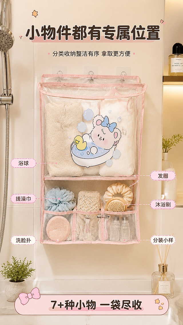 [第5屏] 使用场景-多种卫浴小物分类收纳展示。本屏使用【图1】作为商品主体。
[氛围/风格] 温馨实用浴室场景，生活感强，商业摄影质感，明亮整洁。
[元素布局] 产品挂在浴室瓷砖墙面上，位于画面中央，占比约55%，包边拉直立体挺括；上层大隔层放着折叠整齐的浅色换洗衣物（毛巾、睡衣一角）；下层小隔层分格摆放多种洗浴小件：浴球、搓澡巾、洗脸扑、发圈、沐浴刷、剃须刀、分装洗护小样等，每件物品清晰可见；周围环境有淋浴喷头边缘、置物架一角、香薰瓶等浴室元素，营造真实使用场景。产品结构、颜色、印花与输入图一致。
[光影质感] 浴室暖白光，均匀柔和，产品正面受光均匀，PVC材质有通透感，底部自然投影。
[配色色系] 全局底色 #F5F0EB 暖米白浴室调；主色粉色 #F8B8C8；辅助色浅蓝、白色、米色。
[视角构图] 正面平视，产品居中满铺场景，阅读动线顶部标题 → 中部产品收纳展示 → 底部物品标签。
[文字版式] 顶部大标题「小物件都有专属位置」；产品周围用细线引出6个小标签，分别标注「浴球」「搓澡巾」「洗脸扑」「发圈」「沐浴刷」「分装小样」；底部横条写「7+种小物 一袋尽收」。圆角黑体，标签文字简洁清晰。
[比例分辨率] 9:16 竖版比例，4K分辨率，文字清晰可辨，高清画质。
[负向提示词] 产品变形，包边歪扭塌陷，缺件错件，颜色偏差，水印，文字错乱，产品图模糊，背景杂乱，结构错误。