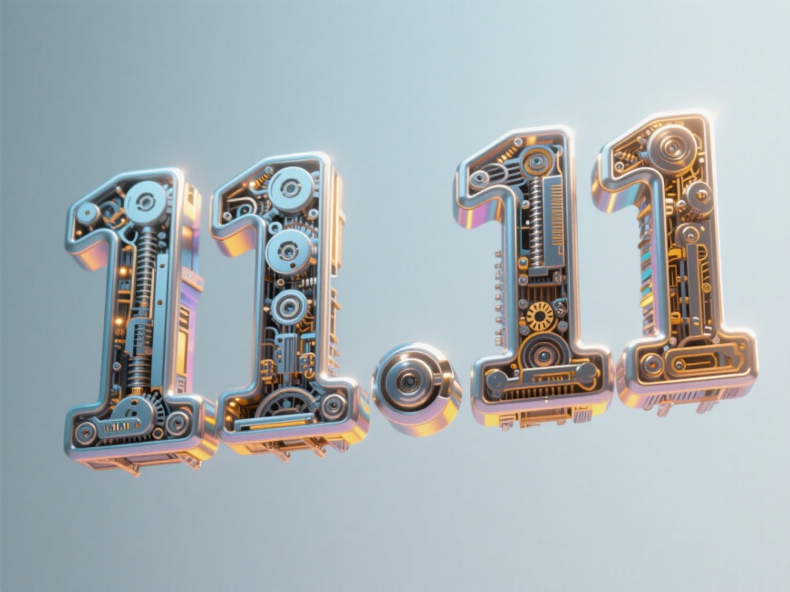 大字“11.11”，复杂的机械质感，悬浮，背景纯色预览效果