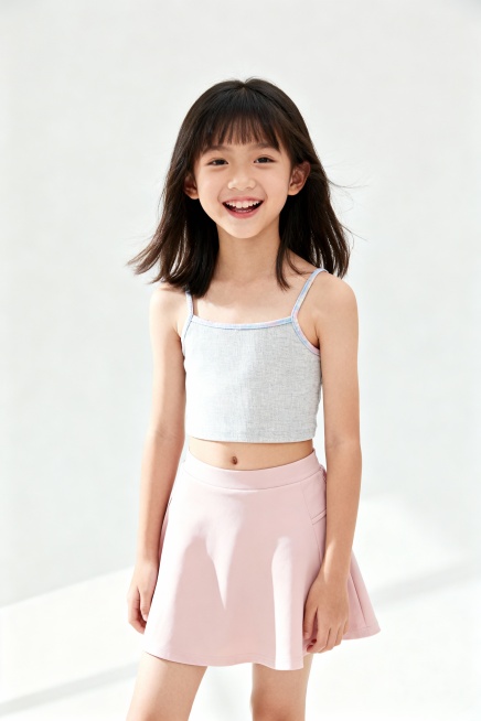生成一个12岁的亚洲小女孩，中长发，活泼表情，上身展示短款吊带背心的模特，下身穿着浅粉色短裙，整体造型青春活力，背景明亮清晰，浅浅的光打在身上，简洁明亮预览效果