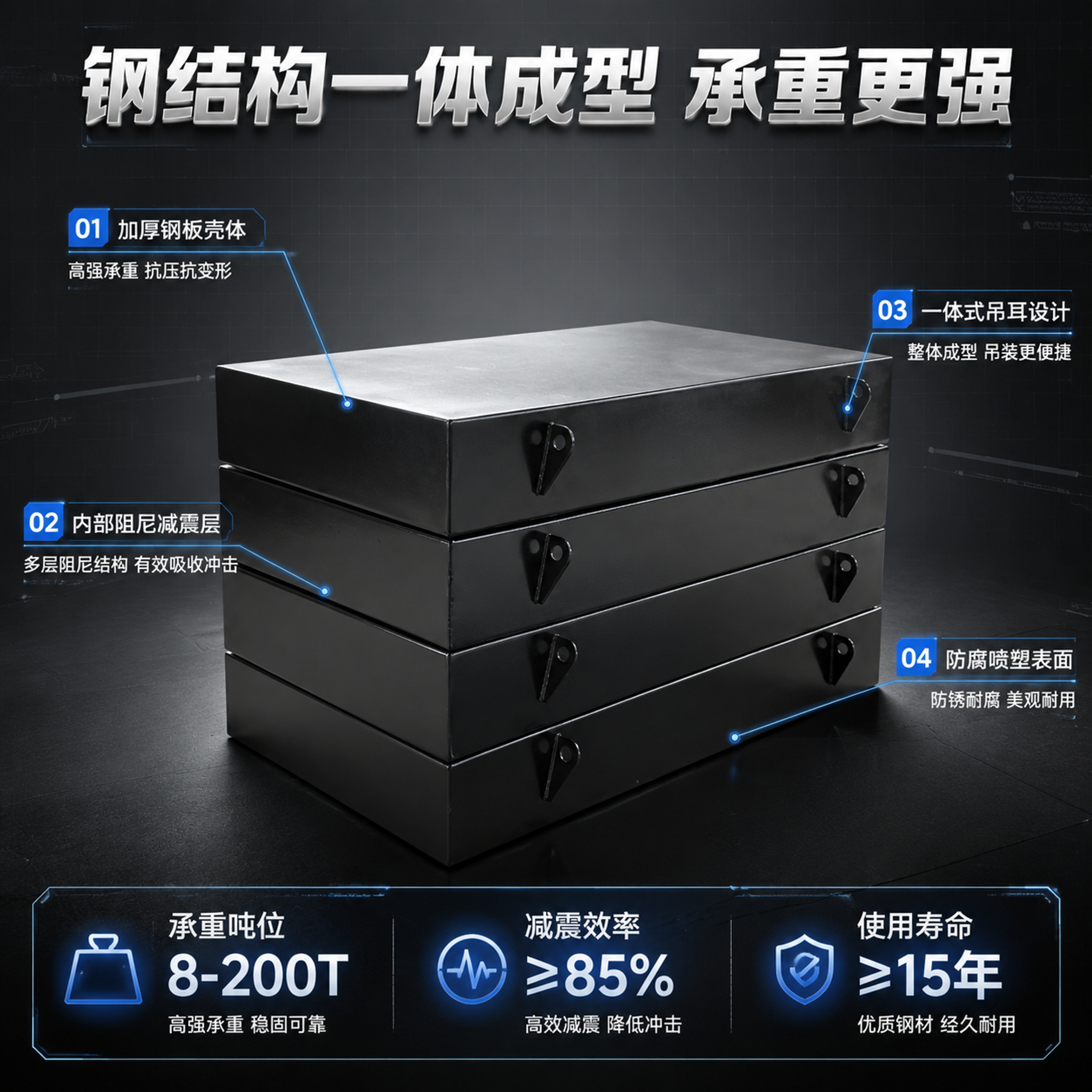 核心卖点结构图，DG钢结构减震支座，画面中央展示单个黑色减震支… - 图片创意预览