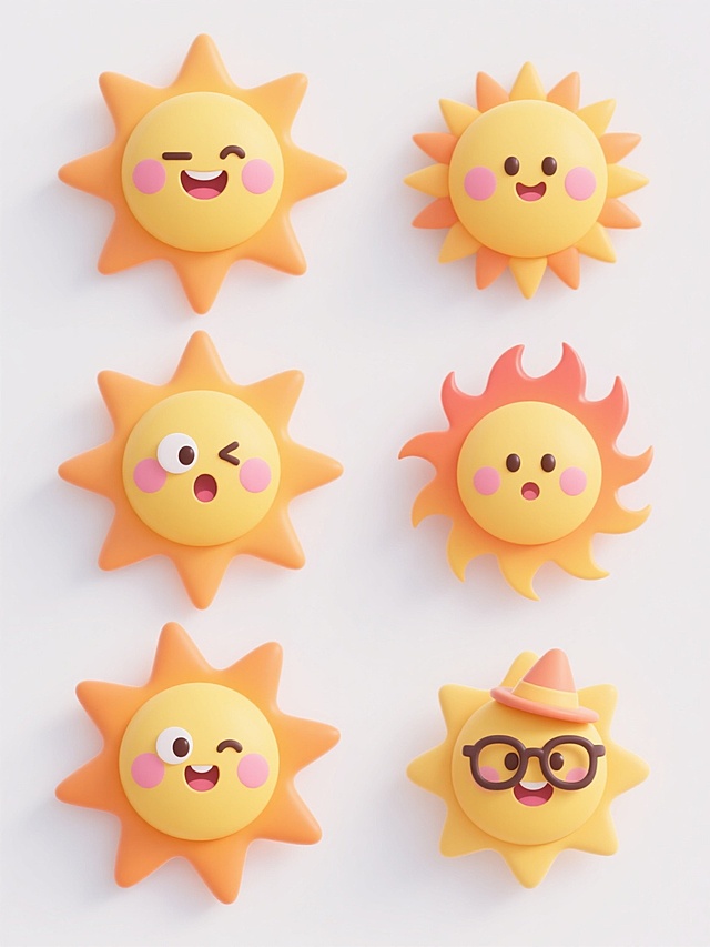 六个3D风格太阳图标，保持原图标黄色圆形主体、橙黄色放射状光芒和粉色腮红的配色方案，每个太阳拥有不同的样式设计，包括不同的表情（如微笑、眨眼、惊讶等）、光芒形状变化（如尖角形、圆形、火焰形等）和细节装饰（如戴小帽子、戴眼镜、带光晕等），整体采用圆润可爱的3D模型质感，具有平滑的渐变色彩过渡和柔和的高光阴影效果，六个太阳图标以整齐的两行三列网格形式排列在纯白色背景上。