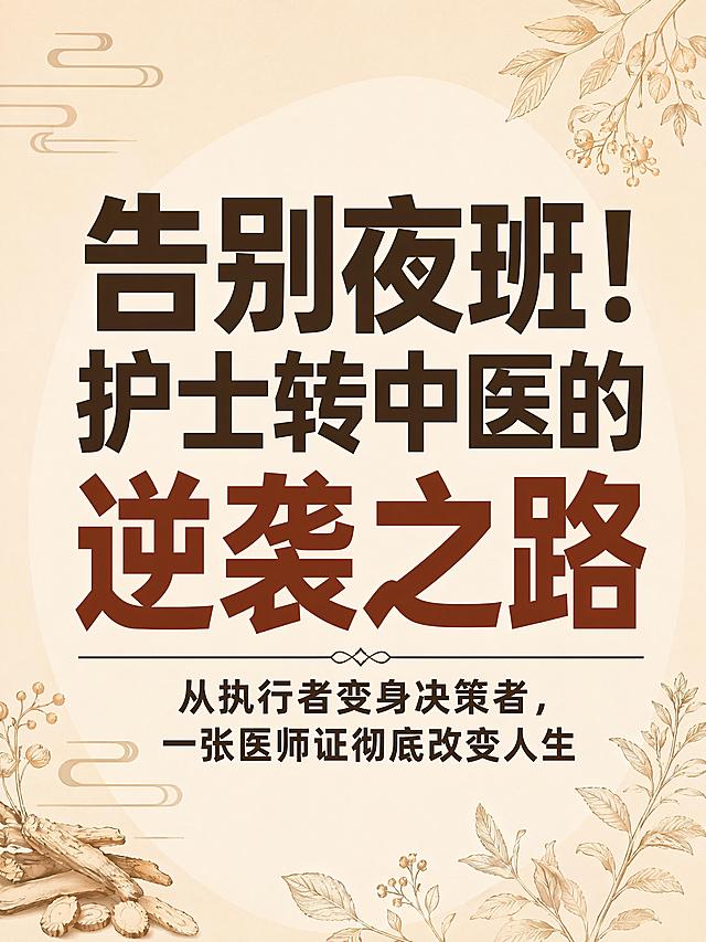 这是一张职业考证招生海报，商务专业风格，参考图的版式骨架，保留排版结构，更换背景色和字体颜色。主标题为"告别夜班！护士转中医的逆袭之路"，主标题字体最大最醒目；副标题为"从执行者变身决策者，一张医师证彻底改变人生"，副标题字号小于主标题。画面比例为3:4，浅米色主背景搭配浅棕色中式装饰，四周边缘添加简约的中药材枝叶线条作为装饰小点缀，整体排版有格调，主副标题文字对比强烈有视觉冲击力，专业商务氛围，版式精美，分辨率4K。