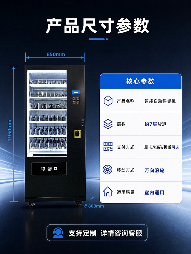 [商品] 使用【图1】弹簧货道款智能自动售货机；保留黑色机身、透明玻璃门、7层弹簧货道、显示屏、按键区、黄色支付模块、取物口、万向滚轮、整体比例和颜色；产品清晰完整。
[画面] 详情页第3张·产品尺寸参数页，目标清晰展示产品尺寸与核心参数。左右分栏版式，左侧放产品正面图带尺寸引线标注（宽850mm、深800mm、高1950mm），右侧放核心参数表格；浅灰蓝渐变背景，参数表用白底圆角卡片。
[视觉] 套系策略：风格=深色科技商业摄影风；标题字=粗黑无衬线黑体；正文字=简洁无衬线体；主色=深蓝黑；背景延展=基于深蓝黑做渐变层次、科技光效；强调色=亮蓝色，仅用于小面积图标、引线、标签和光效；标题色=白色；正文色=深灰；组件=圆角信息卡、细线尺寸引线、参数表格；光影=均匀正面光，产品清晰。
[文字] 顶部主标题"产品尺寸参数"；左侧尺寸标注：宽度850mm、深度800mm、高度1950mm，蓝色尺寸线和箭头；右侧参数表5行：产品名称-智能自动售货机、层数-约7层货道、支付方式-刷卡/扫码/投币可选、移动方式-万向滚轮、适用场景-室内通用；底部小字"支持定制 详情咨询客服"。
[规格] 图片比例3:4竖版（宽750px高1000px），分辨率4K，负向提示：避免尺寸标注错误、参数虚构、文字模糊、产品变形、竖排文字。