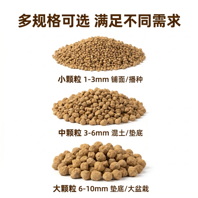 [主图 5] 日本硬质赤玉土不同规格颗粒展示。[氛围风格] 清晰规整电商风；[画质] 商业摄影质感、光线均匀、产品清晰真实、画面干净。保持赤玉土外观（物理结构、材质质感、颜色）与输入产品图绝对一致，杜预览效果