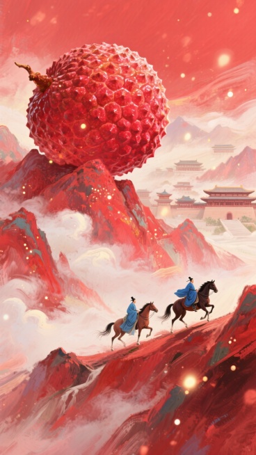 电影海报构图，宋代美学风格，融合高级禅意意境与写意设计手法，画面下部被一个巨大的荔枝占满画面，巨大的荔枝与渺小的人物形成强烈的反差对比，红色背景巨大荔枝滚落在赤红山峦，有一个唐朝蓝色朝服官员正在上面策预览效果