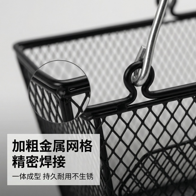 [主图 3] 材质细节展示
[氛围/风格] 简约工业风，清晰锐利，突出品质
[画面元素] 放大镜效果放大展示金属网格焊接处和提手连接部位，突出加厚钢材和精细工艺，背景虚化，主体细节清晰锐利，保持产品原预览效果