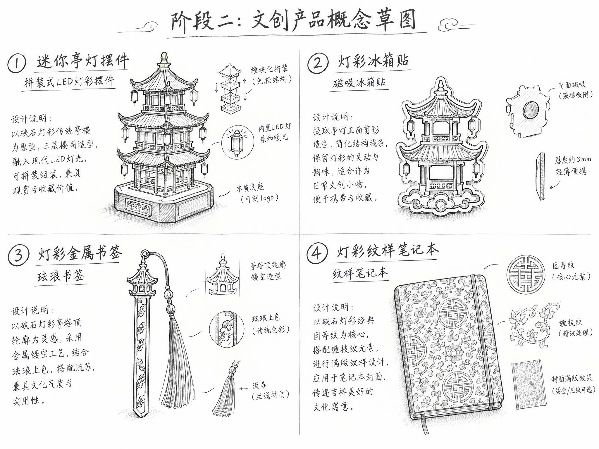 一张设计草稿图，标题为"阶段二：文创产品概念草图"，手绘线稿风… - 图片创意预览