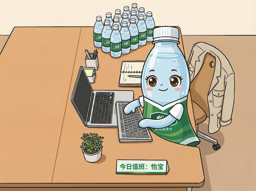 卡通风格，拟人化怡宝主体坐在办公桌工位上，双手敲击键盘，眼睛看向观看者，后排一排怡宝矿泉水整齐摆放，桌上放名牌写着“今日值班：怡宝”，旁边椅子搭着外套，全卡通风格预览效果