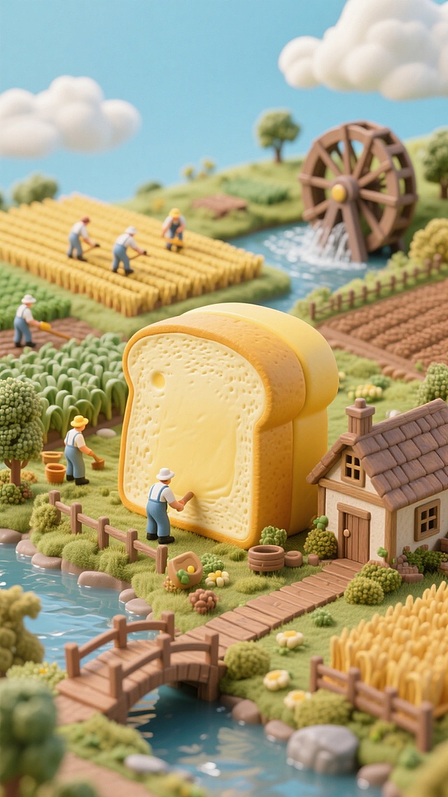 巨大的吐司面包作为视觉中心，小桥流水，栈道，远处有水车和农田，农民，蓝天白云