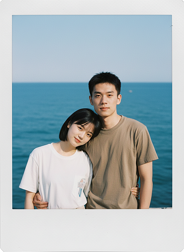 胶片风捕捉海边情侣，清新实景感，自然光线展现温馨瞬间。