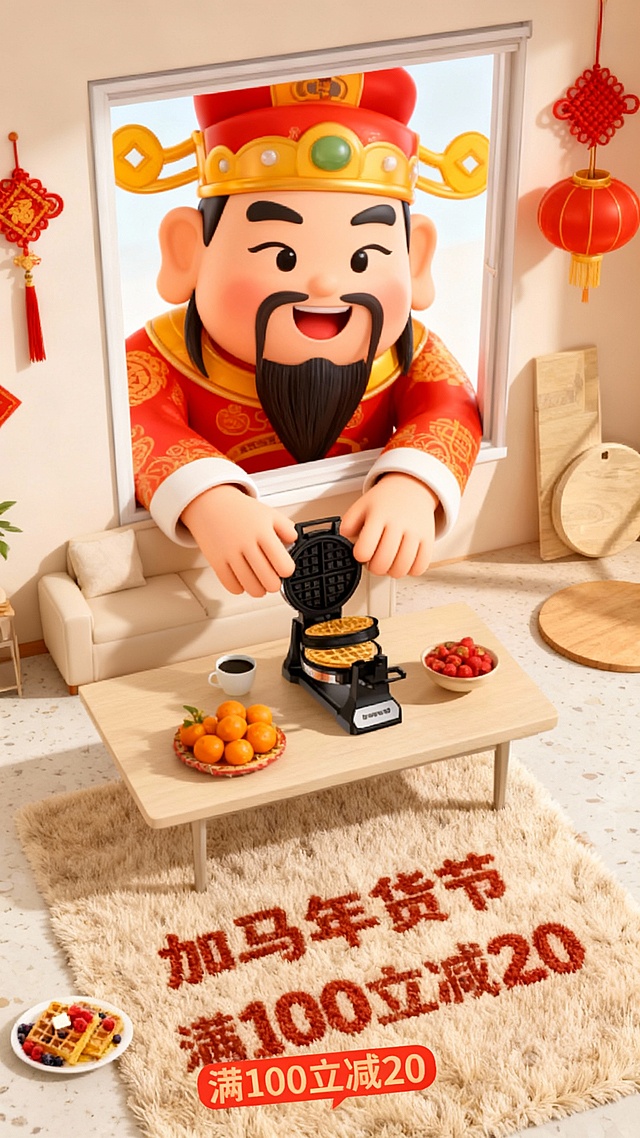 软3D国潮风，卡通财神做华夫饼，刺绣质感地毯呼应年味，喜庆促销氛围浓厚，满减信息醒目。