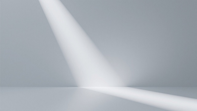 极简主义3D渲染，纯净灰白渐变背景铺满画面，45度漫射柔光自左上方倾洒，两道清晰光束落于丝绸般哑光白平面，光影交界过渡微妙，宁静通透高级感满溢，纯粹光影构极简神圣空间。