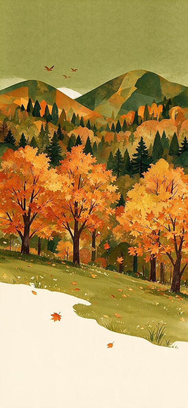 参考图的整体扁平插画风格和肌理画风，秋分时节的山林风景画，层林尽染，树叶晕开浅黄、橙红与赭金色调，树木层次丰富斑斓，树影疏朗，秋日山林景色，透明背景，png格式，无人物，纯风景插画