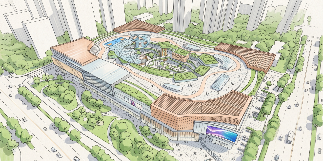 将这张建筑鸟瞰图转化为手绘风格，保留原建筑布局和结构，使用干净流畅的手绘线条，清新的手绘质感预览效果