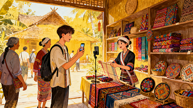 黎族寨子热闹非凡，黎锦工坊敞开大门开放参观，年轻人对着手机直播带货售卖黎锦文创产品，工坊内货架上摆满了各类色彩绚丽纹样精美的黎锦文创商品，游客和村民往来参观交谈，氛围热闹充满烟火气，整体风格为清新手绘插画，展现非遗活化的热闹场景