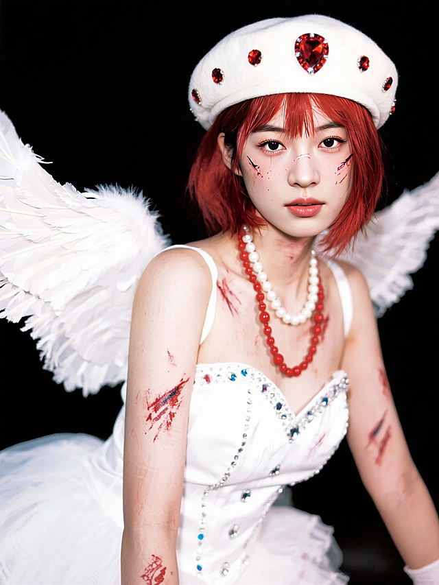 战损妆，红发，身着白色带钻装饰的服饰，佩戴白色珍珠项链、红色珠链，头戴饰有红色钻饰的白色贝雷帽，背后有白色天使翅膀；手臂有红色图案装饰，拍立得拍摄效果