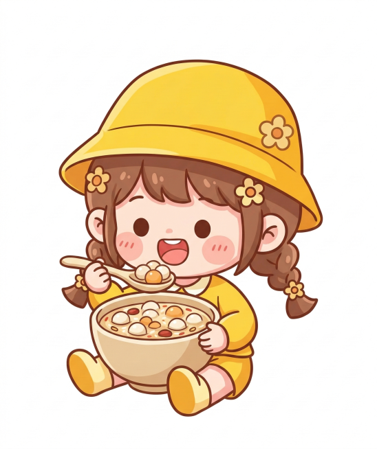 Q版可爱插画，扎着双麻花辫戴黄色小帽子的小女孩坐在纯白的地面上，开心地用勺子吃碗里的糖水，糖水和碗是参考图的样式，背景完全空白，整体画风软萌可爱，线条柔和，色彩温暖明亮预览效果