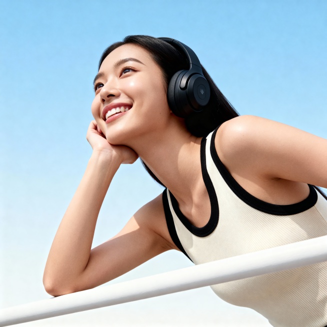 一位年轻的东亚女性，身穿米白拼黑边的无袖紧身背心，戴着黑色头戴式耳机，手肘搭在一根白色横杆上，身体微微前倾，仰头看向画面左上方，露出愉悦的笑容。背景是纯净的渐变浅蓝色天空，整体光线明亮柔和，画面构图简预览效果