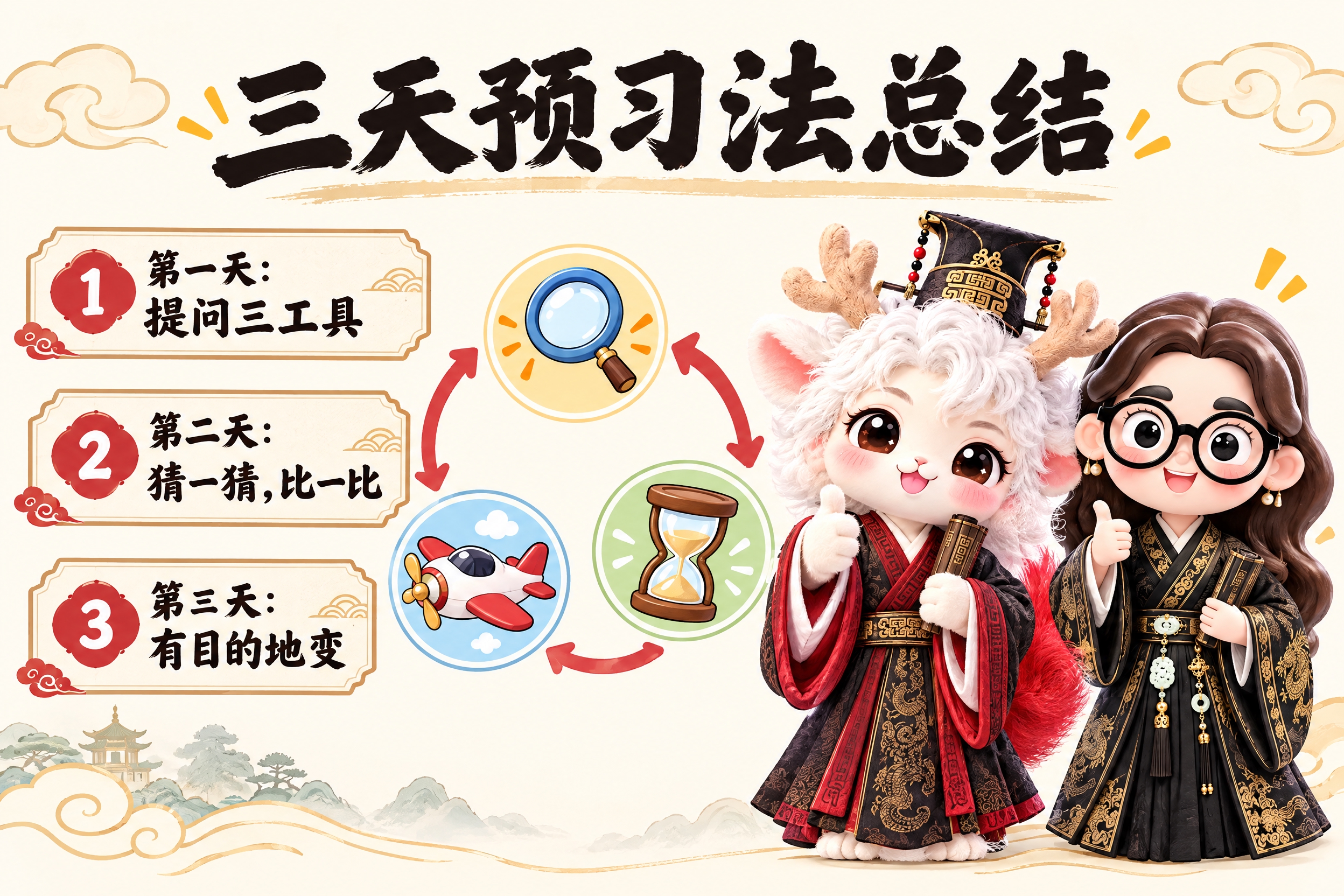 横版6寸比例的知识卡片总结页设计，大标题为"三天预习法总结"，… - 图片创意预览