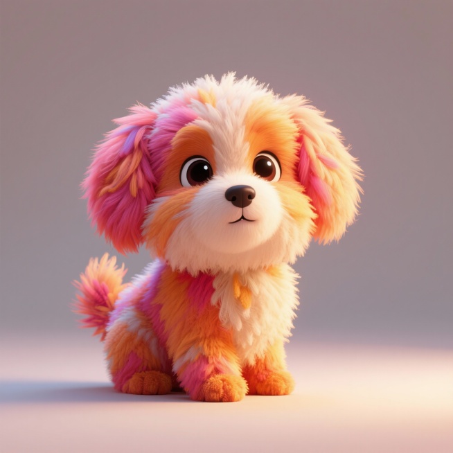 一只毛绒绒的生肖狗，毛发蓬松柔软，眼神无辜可爱，整体造型圆润，色彩温暖柔和，背景简洁预览效果