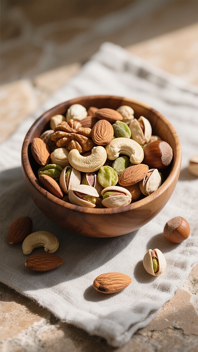 一个装满混合坚果的木质碗，碗中包含完整的和部分剥开的杏仁、腰果、榛子和开心果，坚果呈现出自然的棕褐色、米白色和绿色，表面纹理清晰可见，保持高清晰度的写实风格，温暖柔和的自然光从斜上方照射，形成明显的光影对比和细腻的阴影，营造出温馨、健康、自然的氛围，将木质碗和坚果放置在一块粗糙的浅灰色亚麻布上，背景为模糊的浅棕色石质桌面，整体构图保持原有的近景特写和自然散落的布局。
