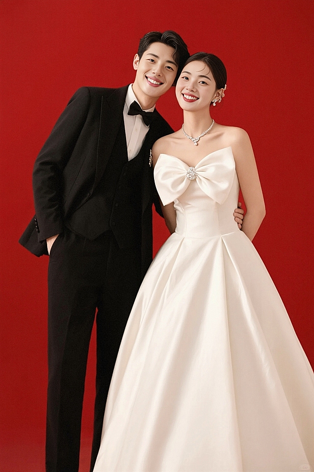 穿着婚礼服装的情侣，帅气新男身着黑西装礼服，漂亮新娘身着象牙白高定塔夫绸婚纱，新郎站在左边，新娘站在右边，新娘前胸有个大大的设计感不对称蝴蝶结，配套高定饰品，红色背景，两人紧紧靠在一起，笑容灿烂，光线明亮均匀，欢乐甜蜜的婚礼拍照氛围。